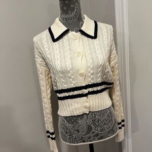 NWT Pink Rose Preppy Cream & Navy  Cable Knit Collared Cardigan. Ribbed Hem XS.